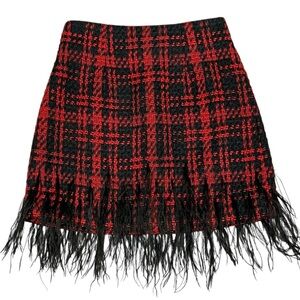 Antonio Melani Size 0 Dalia Tweed Mini Skirt Feather Fringe Hem Red Black NWT
